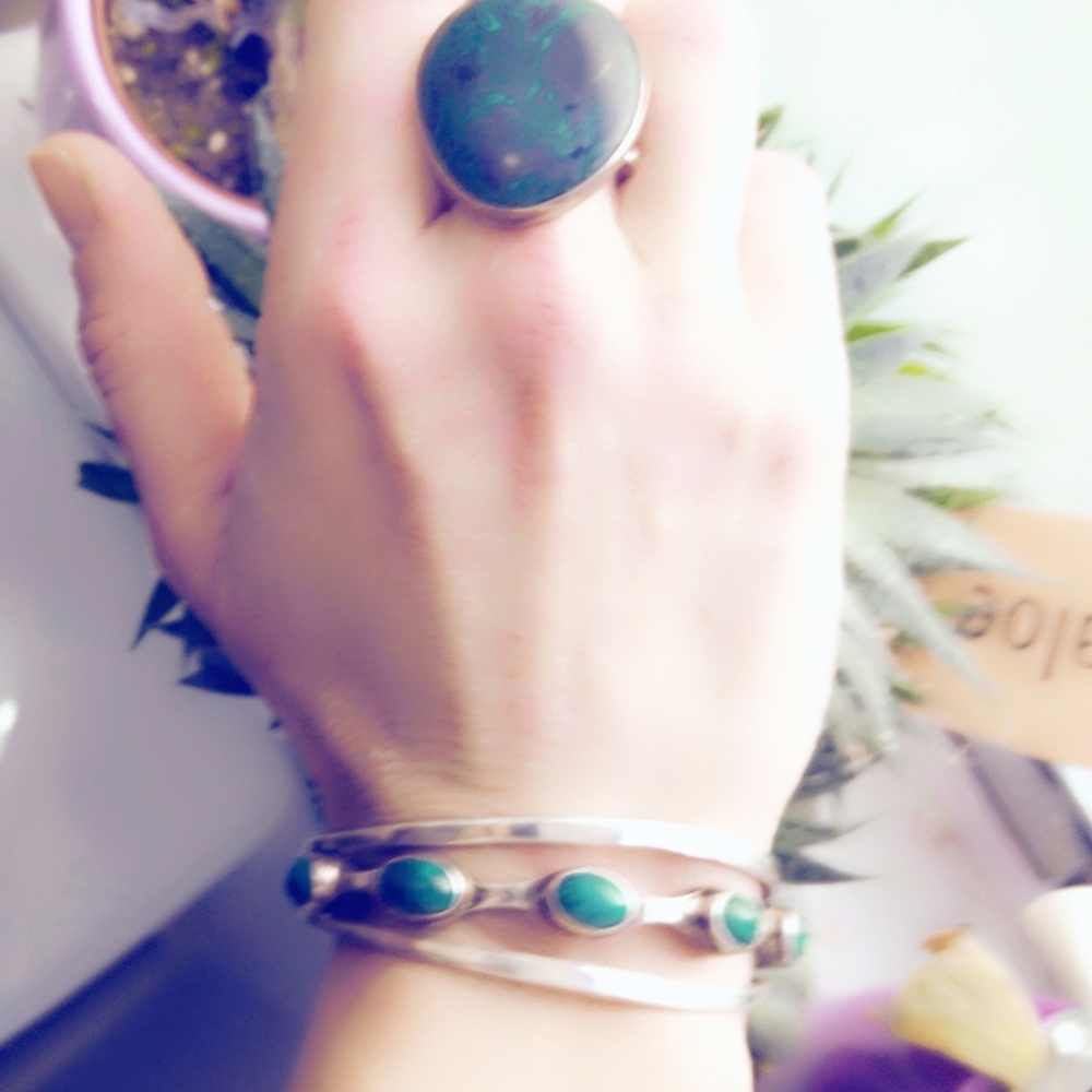 Vintage Mid-Century Modern Taxco Sterling Silver & Malachite Cuff Bracelet - Picture 6 of 6